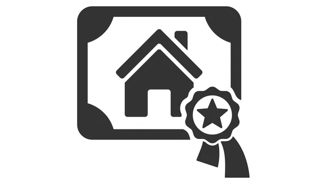 Black-and-white conceptual illustration of a home certificate and ribbon