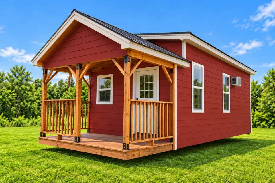 Scout tiny home in Red Barn with a natural-wood porch