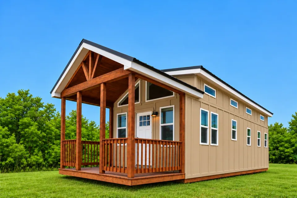 Trailblazer tiny home in Latte with a covered wood porch