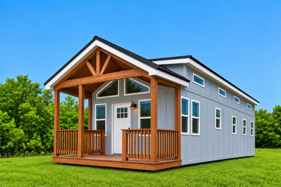 The Trailblazer park model tiny home with covered porch