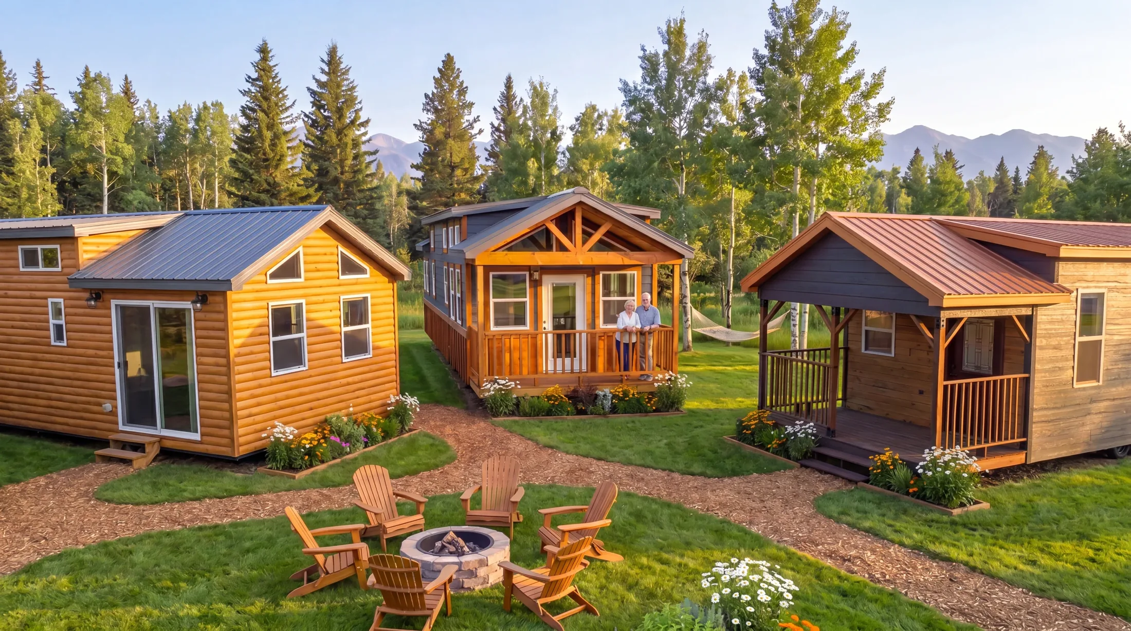 A Snake River Tiny Home community at golden hour with park model homes, a fire pit and gardens