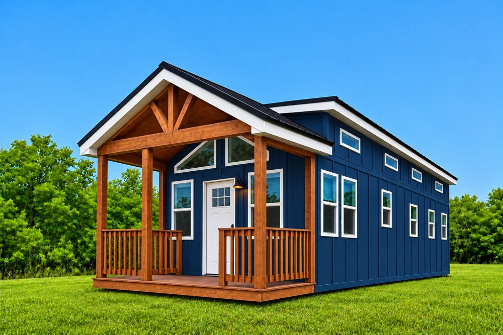 Trailblazer tiny home in Naval with a covered porch