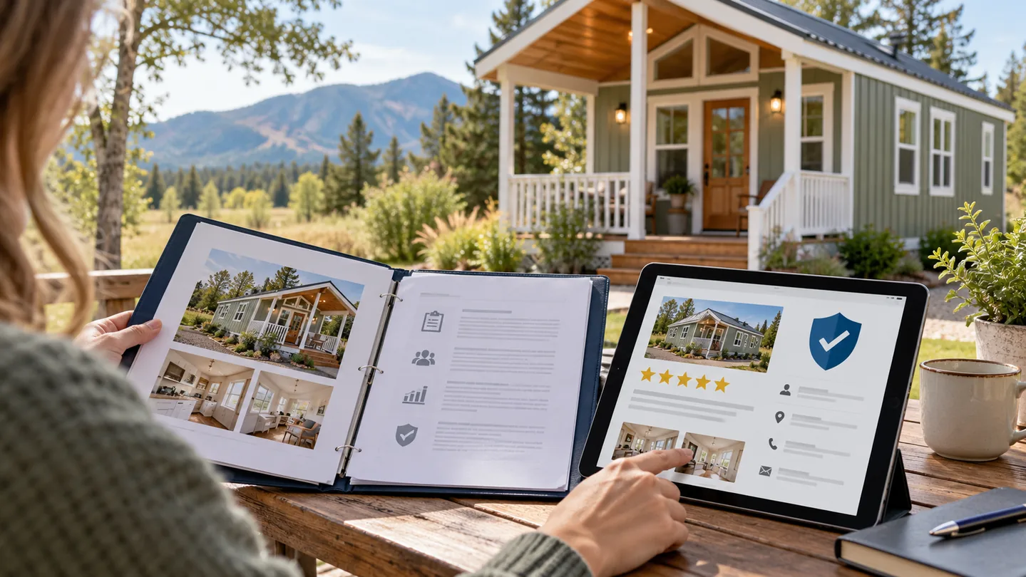Illustration of a buyer reviewing business information beside a tablet with a generic trust symbol