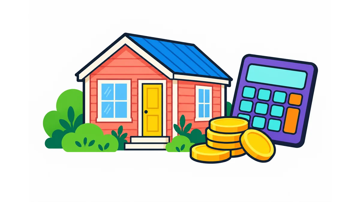Illustration of a colorful cottage beside a calculator and gold coins