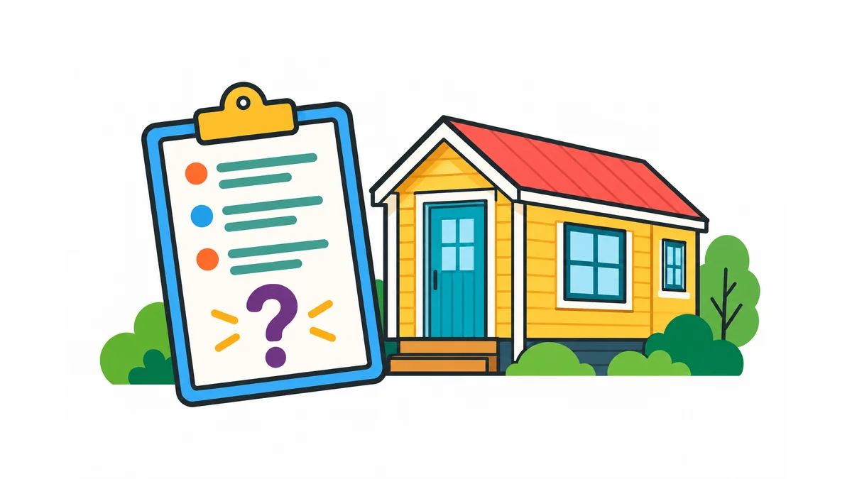 Illustration of a question-mark clipboard beside a colorful cottage