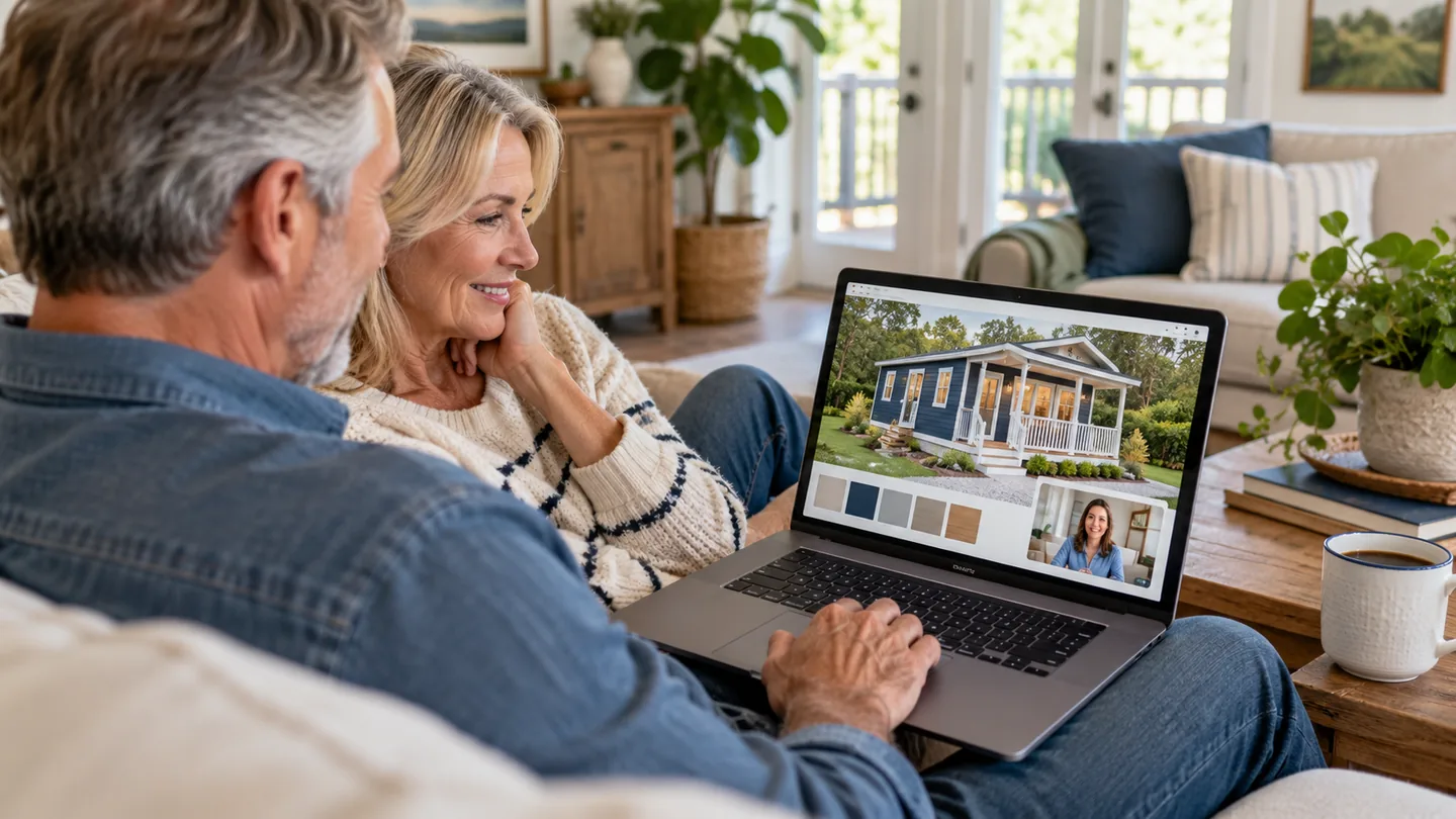 Illustration of a couple viewing a tiny home and video consultation on a laptop