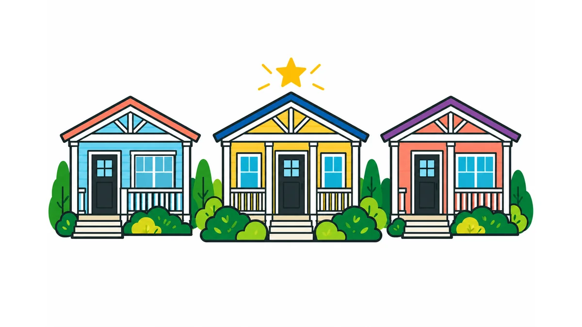 Illustration of three cottages with a gold star above the center yellow cottage