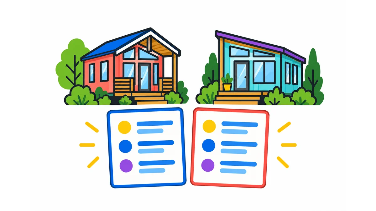 Illustration of two cottages above side-by-side comparison documents