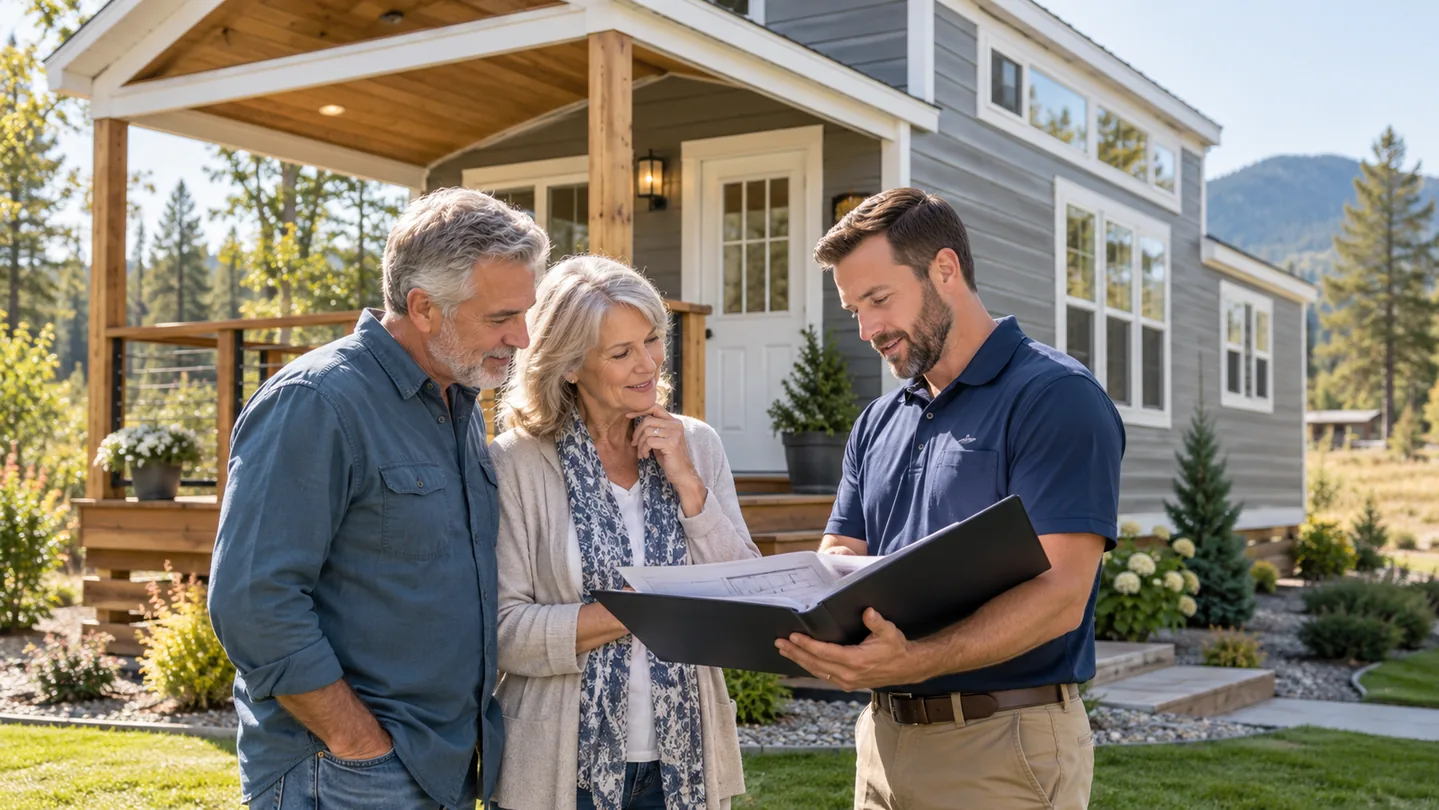 Illustration of buyers reviewing home specifications with a representative beside a tiny home