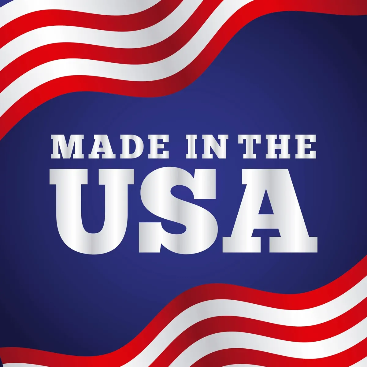 Made in the USA graphic with red, white and blue waves