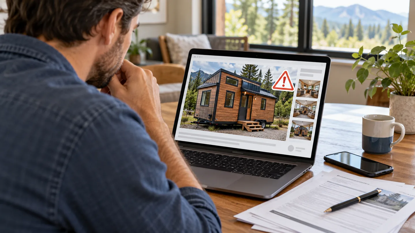 Illustration of a buyer examining an online tiny home listing with a warning symbol