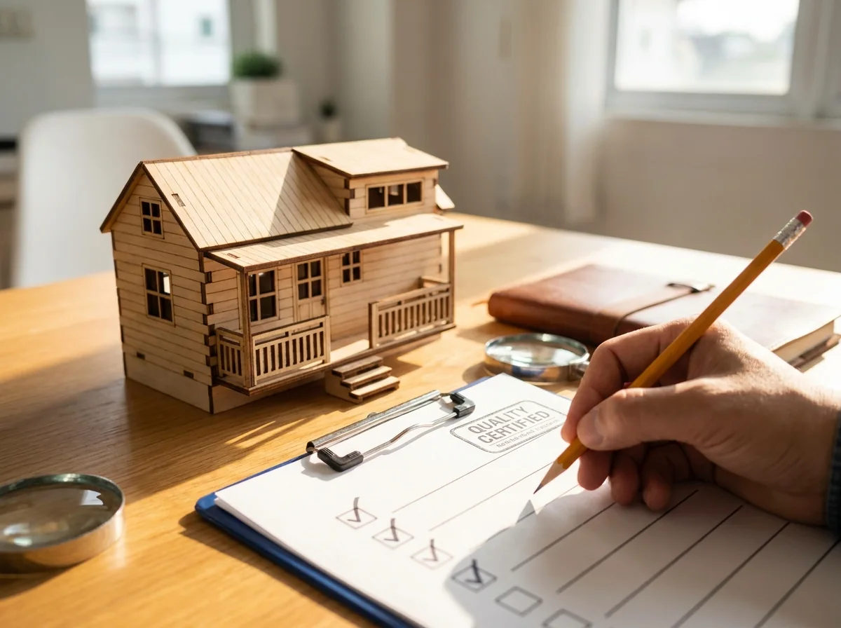 A model home and a hand checking an inspection checklist, representing third-party certification