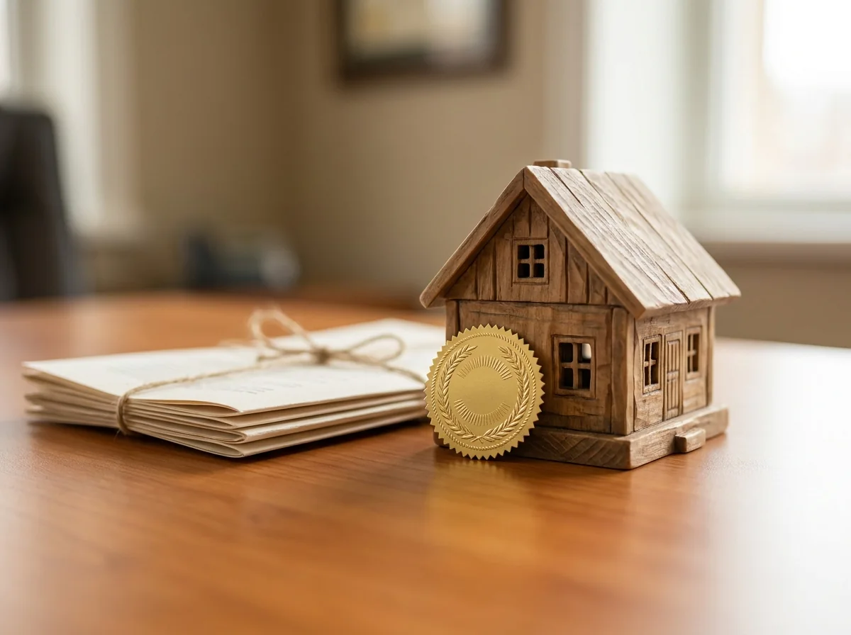 A model home beside a seal of approval and documents, representing a certified home