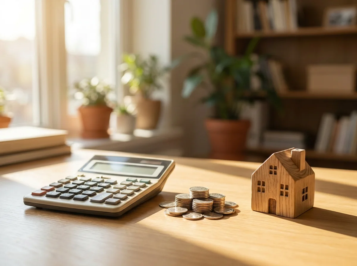 A calculator, coins and a model home, representing affordable tiny home financing