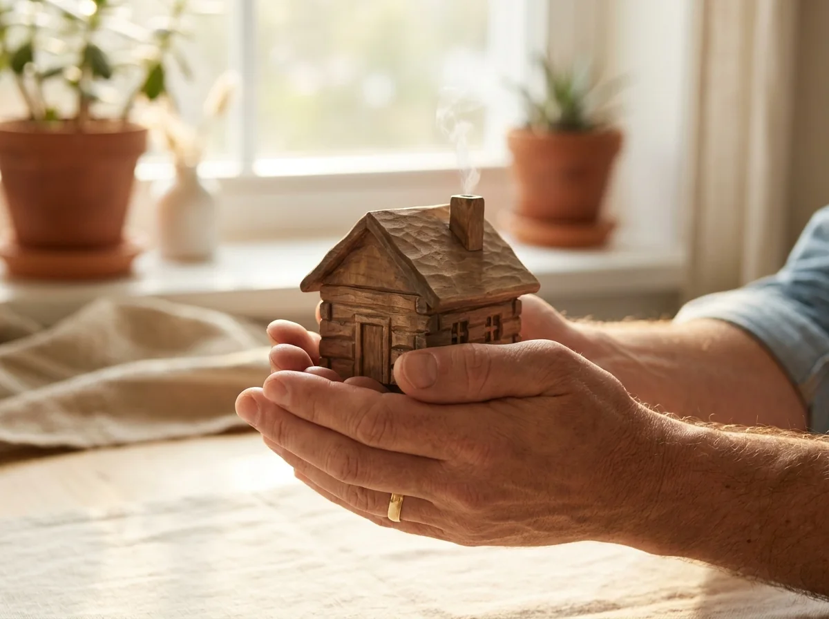 Hands cradling a small home, the peace of mind that comes from being insured