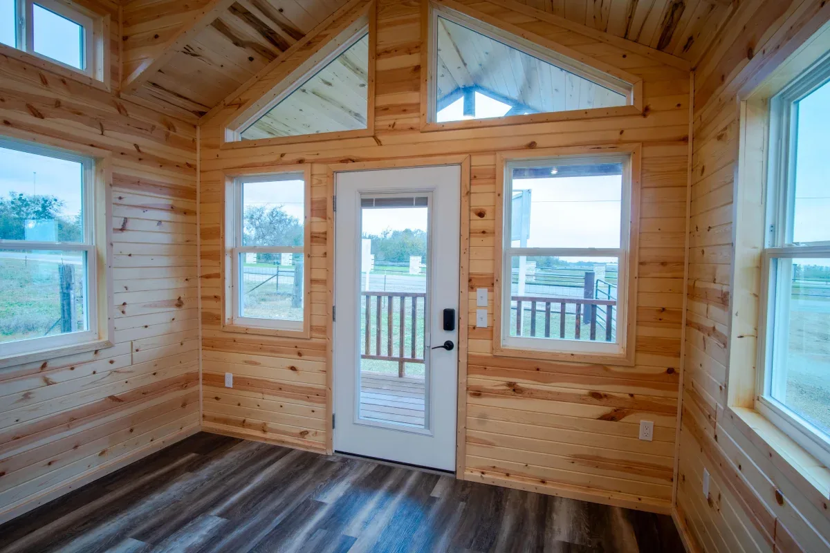 French doors and large windows in a tiny home