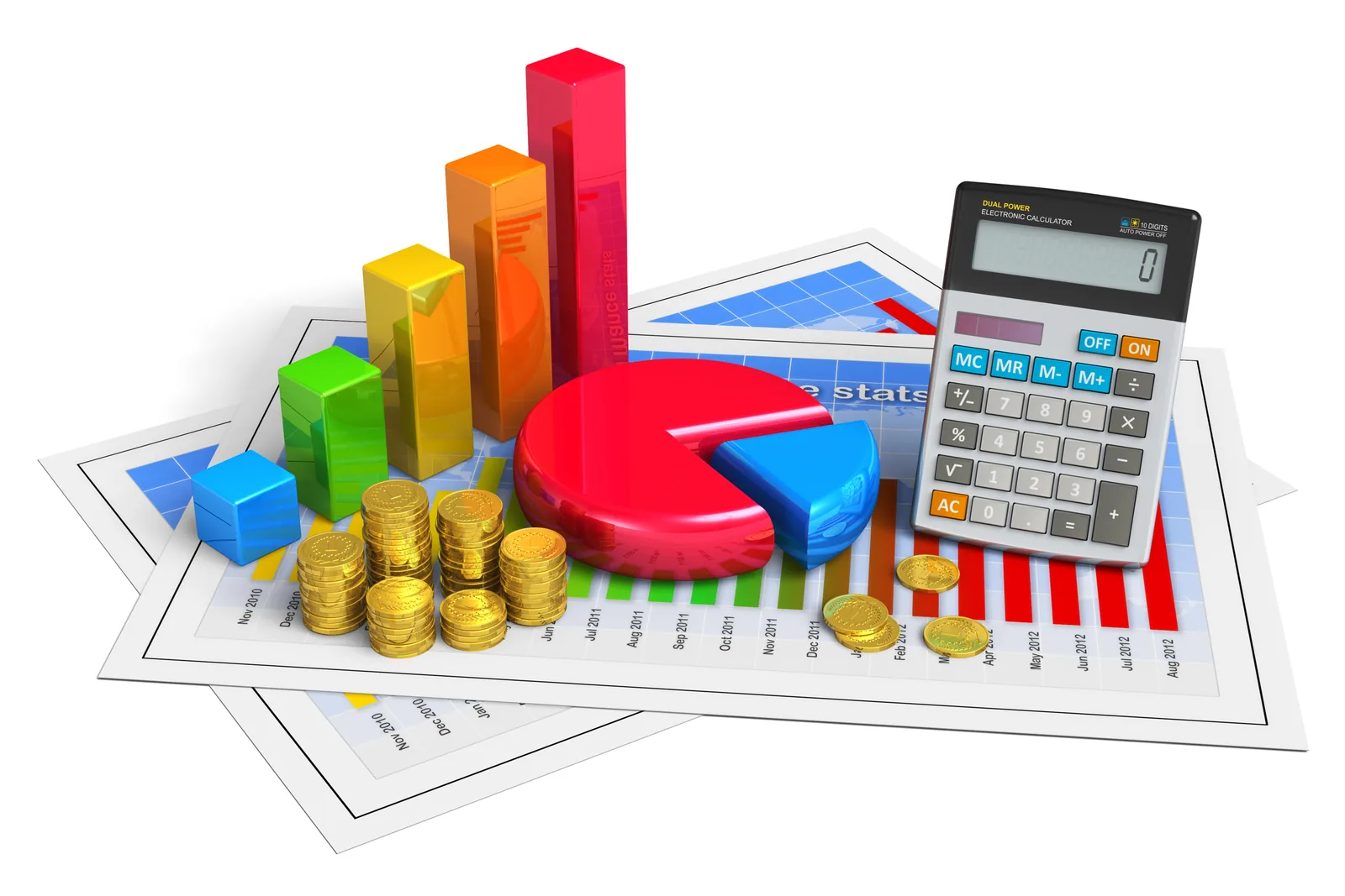 A calculator, charts and coins representing tiny home financing costs