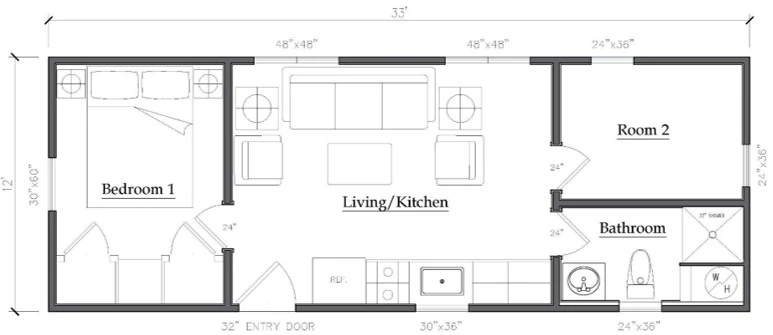 The Outpost floor plan showing a master bedroom, a flexible second room, living area, kitchen and bath