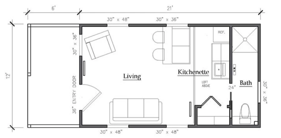 The Scout floor plan showing an open living area, kitchenette, bath, loft above and covered porch