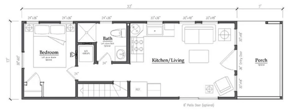 The Trailblazer floor plan showing bedroom, bath, kitchen and living area with optional porch