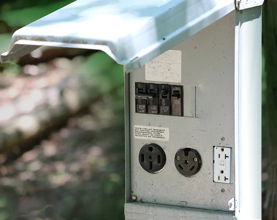 An outdoor power pedestal that supplies electricity to a tiny home