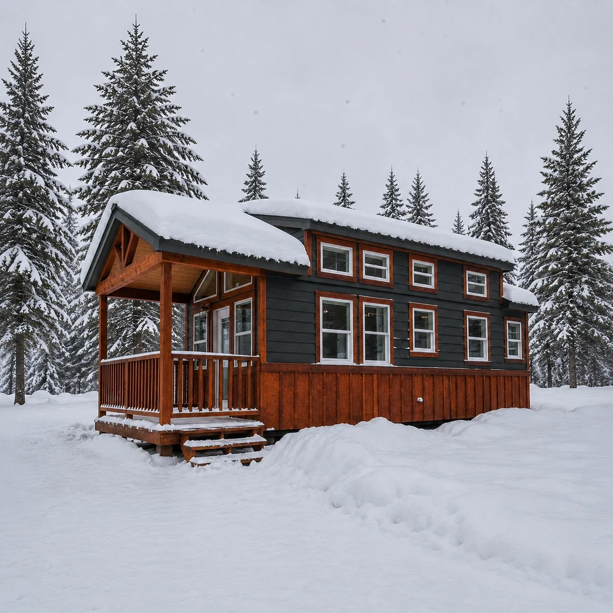 A Snake River Tiny Homes home in deep winter snow, surrounded by snow-laden pines